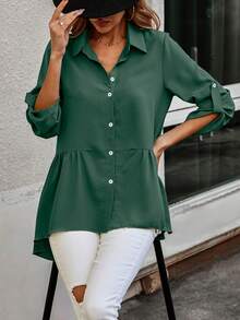Camisa de manga enrollada con botón bajo con fruncido bajo irregular - Verde Oscuro - Ver 3