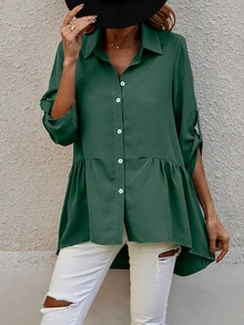 Camisa de manga enrollada con botón bajo con fruncido bajo irregular - Verde Oscuro - Ver 4