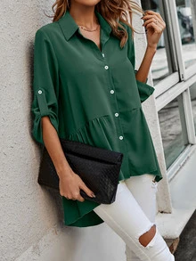 Camisa de manga enrollada con botón bajo con fruncido bajo irregular - Verde Oscuro - Ver 5