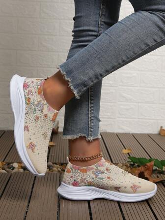 女士休闲运动鞋，水晶装饰，花卉和蝴蝶印花，透气一脚蹬针织跑鞋，加大码