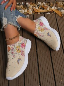 Giày thể thao thường ngày cho nữ có họa tiết pha lê, giày chạy bộ thoáng khí, họa tiết hoa và bướm, cỡ lớn - Nhiều màu - Xem 2