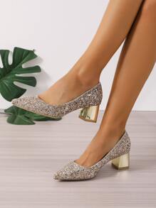 Mujer Zapatos de tacón con lentejuelas de punta con tacón grueso atractivo fiesta - Dorado - Ver 1