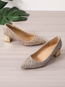 Mujer Zapatos de tacón con lentejuelas de punta con tacón grueso atractivo fiesta - Dorado - Ver 4