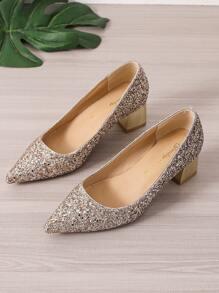 Mujer Zapatos de tacón con lentejuelas de punta con tacón grueso atractivo fiesta - Dorado - Ver 6