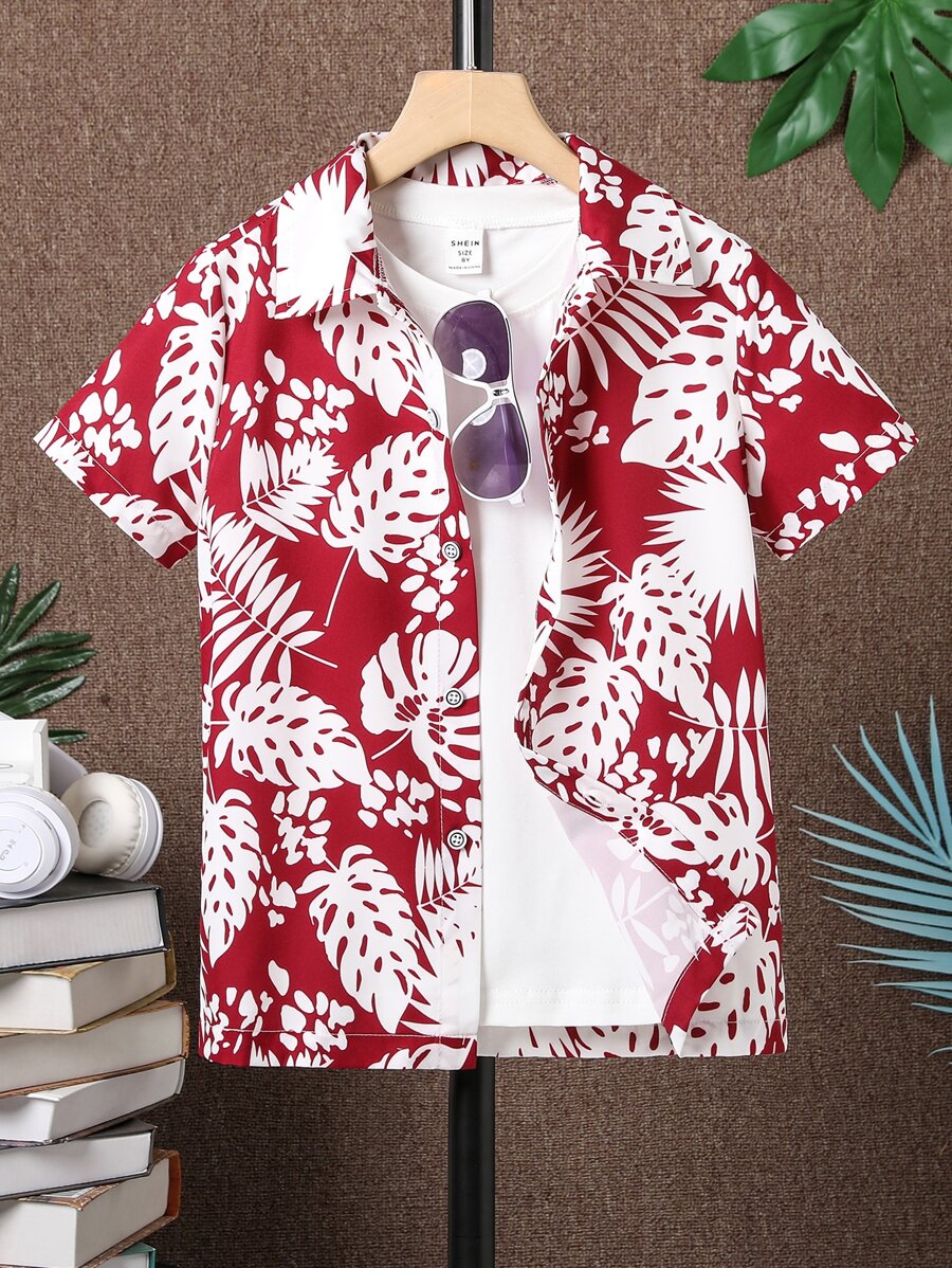 SHEIN 男孩熱帶圖案襯衫 - 紅白色 - 查看 1
