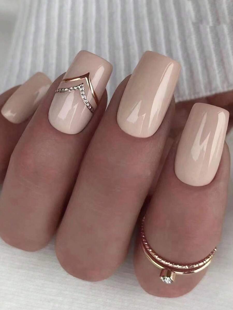 24 chiếc móng vuông ngắn trang trí bằng đá giả & 1 tấm băng keo & 1 dũa móng tay - Nhiều màu - Xem 1