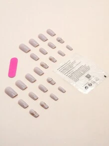 24 chiếc móng vuông ngắn trang trí bằng đá giả & 1 tấm băng keo & 1 dũa móng tay - Nhiều màu - Xem 2