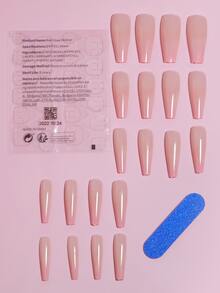 VV MEI JIA ER 使用20入組長棺材粉色漸變假指甲和1張膠帶和1入組指甲銼打造迷人魅力 - 淺粉色 - 查看 2