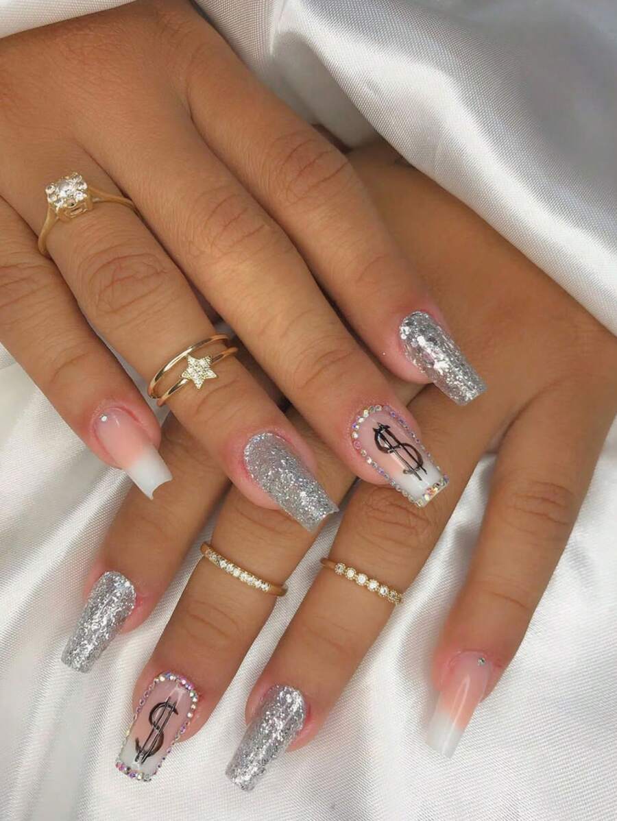 浪漫來臨！24入組短棺形閃爍鑽石假指甲加上1片膠帶和1支指甲文件，適用於女性和女孩，推式假指甲及美甲用品 - 彩色 - 查看 1