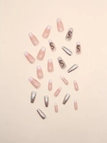 浪漫來臨！24入組短棺形閃爍鑽石假指甲加上1片膠帶和1支指甲文件，適用於女性和女孩，推式假指甲及美甲用品 - 彩色 - 查看 4