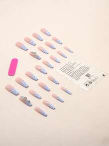 Biến đổi móng tay của bạn với 24 chiếc móng tay giả sọc ombre màu xanh lam quan tài ngắn & 1 tờ băng dính & 1 chiếc giũa móng tay, dụng cụ làm móng, dụng cụ làm móng - Nhiều màu - Xem 2