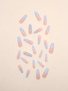 Biến đổi móng tay của bạn với 24 chiếc móng tay giả sọc ombre màu xanh lam quan tài ngắn & 1 tờ băng dính & 1 chiếc giũa móng tay, dụng cụ làm móng, dụng cụ làm móng - Nhiều màu - Xem 5