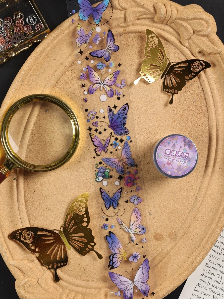 1卷蝴蝶圖案美紋紙膠帶用於DIY工藝裝飾創意多用途和紙膠帶 - 紫色 - 查看 1