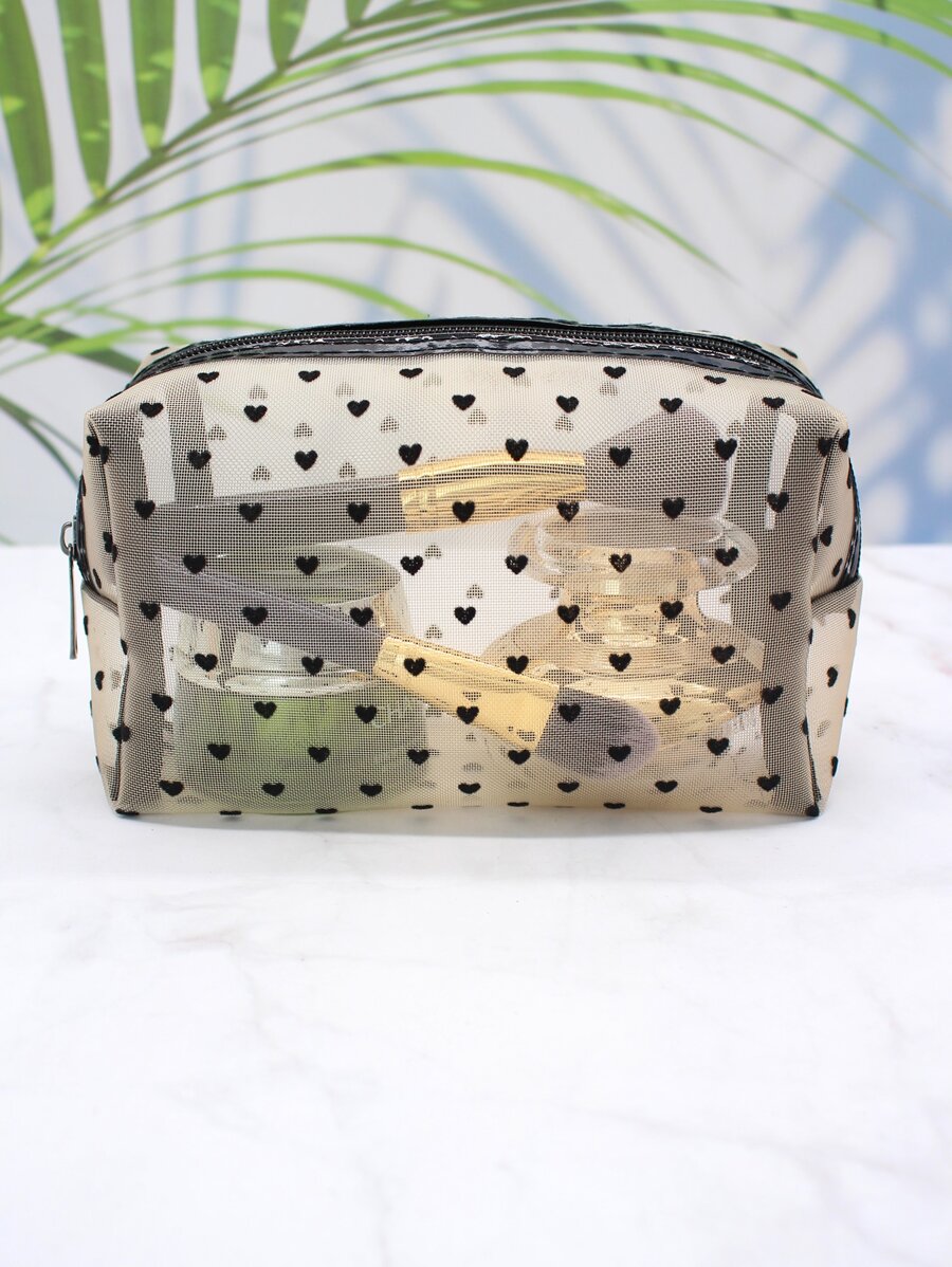 1 Túi đựng đồ trang điểm cho nữ, Thiết kế lưới hình trái tim, Túi đựng mỹ phẩm lưới hình trái tim dung tích lớn thời trang đơn giản, sử dụng hàng ngày và du lịch