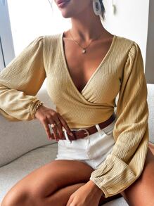 Surplice Neck Lantern Sleeve Crop Blouse - Màu be - Xem 1