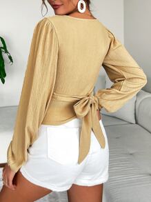 Surplice Neck Lantern Sleeve Crop Blouse - Màu be - Xem 2