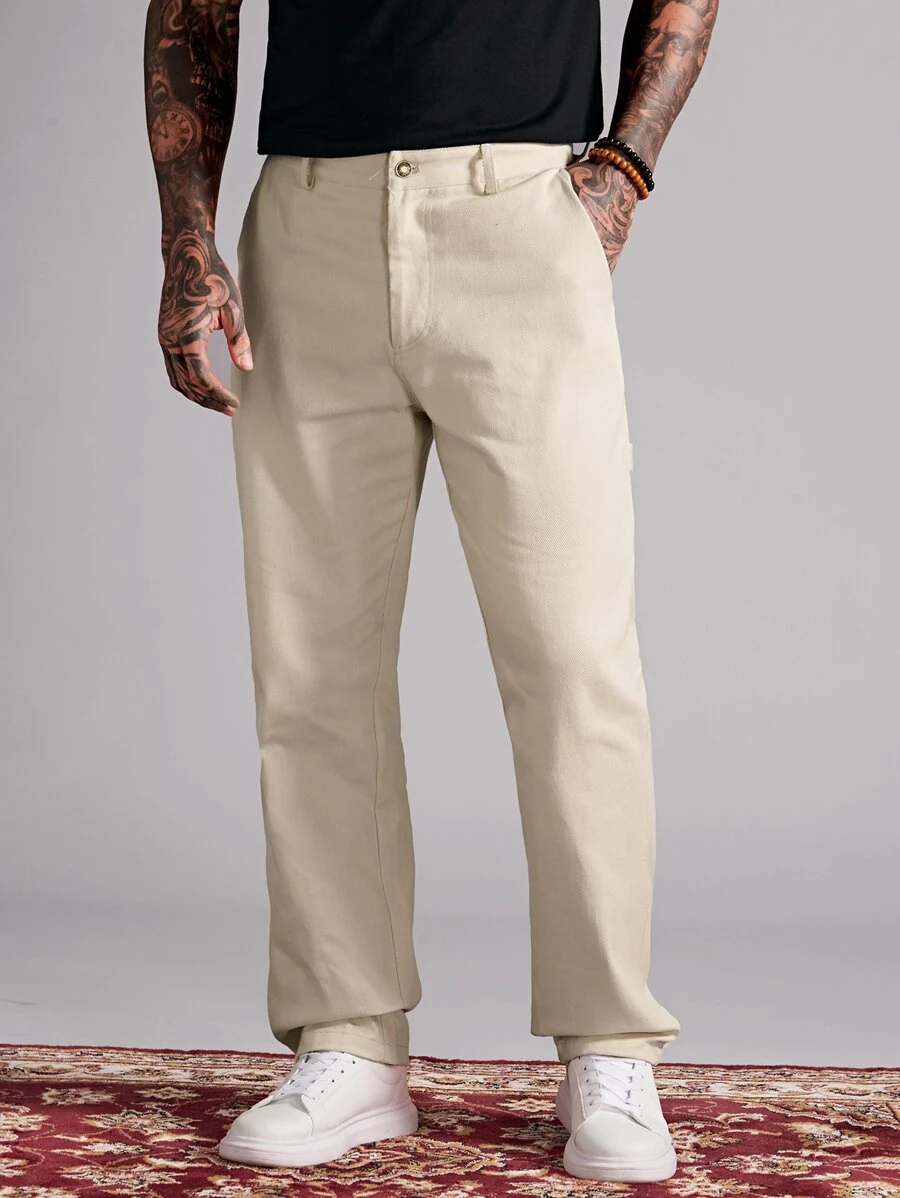 GENTILAND Men Solid Slant Pocket Straight Leg Trousers - Beige - View 1