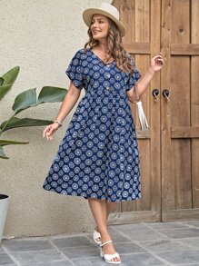 EMERY ROSE Plus Size Women's Summer Blue Denim Effect Dress - Blue and White - View 4
