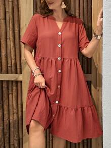 EMERY ROSE 大碼前紐扣荷葉邊娃娃裙 - 亮橙色 - 查看 3