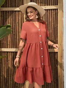 EMERY ROSE 大碼前紐扣荷葉邊娃娃裙 - 亮橙色 - 查看 5