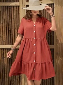 EMERY ROSE 大碼前紐扣荷葉邊娃娃裙 - 亮橙色 - 查看 4