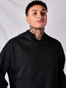 GENTILAND Men Solid Color Drop Shoulder Hoodie - Black - View 3