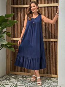 EMERY ROSE 大碼褶皺荷葉邊洋裝 - 藏蓝色 - 查看 4