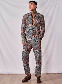 AKNOTIC Business Casual Men Allover Floral Print Button Front Suit Trousers - Multicolor - View 5