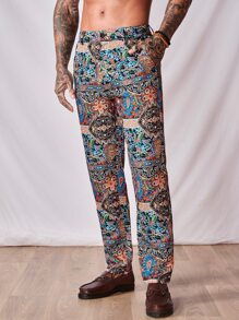 AKNOTIC Business Casual Men Allover Floral Print Button Front Suit Trousers - Multicolor - View 6
