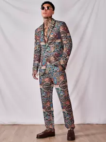 AKNOTIC Business Casual Men Allover Floral Print Button Front Suit Trousers - Multicolor - View 7