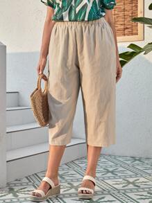 EMERY ROSE Quần Plus Size Túi màu trơn Giải trí - Màu Khaki - Xem 5