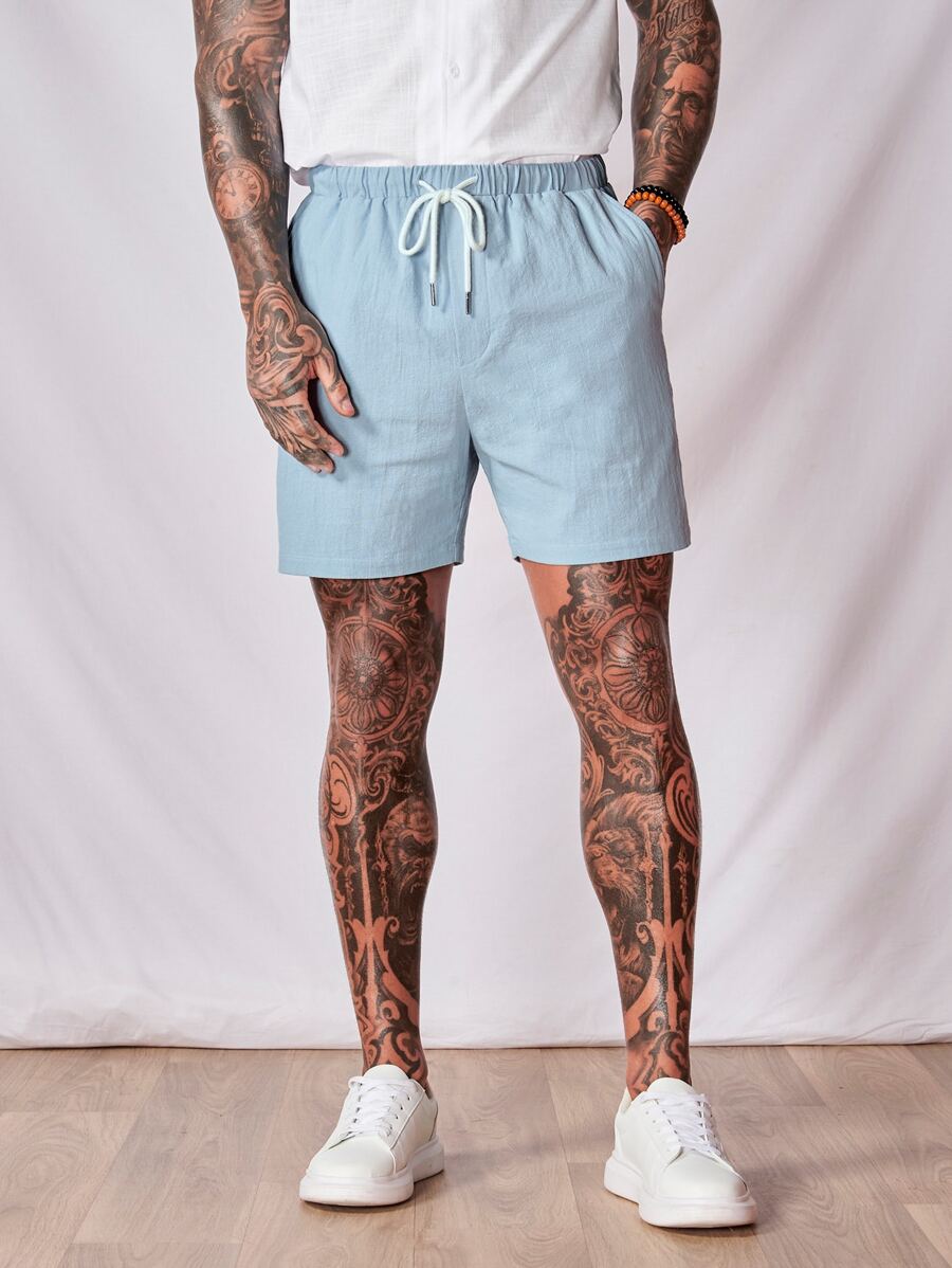 Manfinity VCAY Men Cotton Drawstring Waist Shorts - Baby Blue - View 1