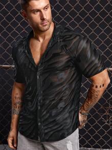 Manfinity VCAY 男士前紐扣網紗襯衫 - 黑色 - 查看 4