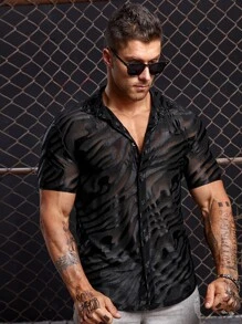 Manfinity VCAY 男士前紐扣網紗襯衫 - 黑色 - 查看 6