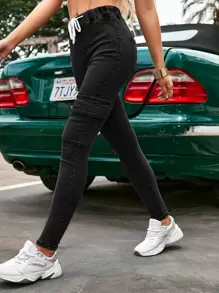 SHEIN Frenchy Quần jean nữ Dây kéo Túi màu trơn - Màu xám đen - Xem 1