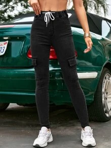 SHEIN Frenchy Quần jean nữ Dây kéo Túi màu trơn - Màu xám đen - Xem 5