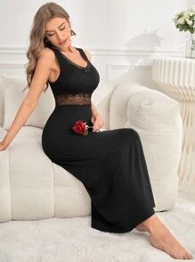 Contrast Lace Bow Front Lounge Dress - Black - View 4