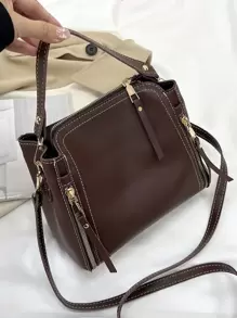 Small Square Bag Stitch Detail Zip Front - Brown - View 1