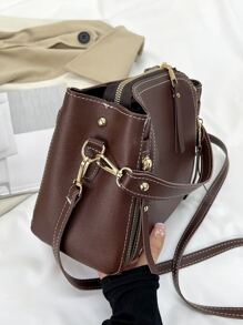 Small Square Bag Stitch Detail Zip Front - Brown - View 5