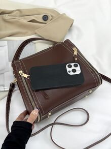 Small Square Bag Stitch Detail Zip Front - Brown - View 6