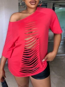 Slaydiva Camiseta con abertura escalonada de manga raglán - Rojo - Ver 1