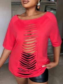 Slaydiva Camiseta con abertura escalonada de manga raglán - Rojo - Ver 3