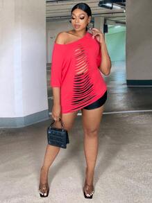 Slaydiva Camiseta con abertura escalonada de manga raglán - Rojo - Ver 5