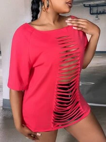 Slaydiva Camiseta con abertura escalonada de manga raglán - Rojo - Ver 6