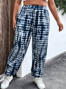 SHEIN LUNE Plus Tie Dye Elastic Waist Joggers - Blue and White - View 3