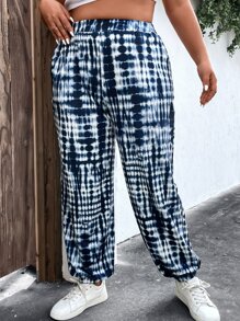SHEIN LUNE Plus Tie Dye Elastic Waist Joggers - Blue and White - View 6