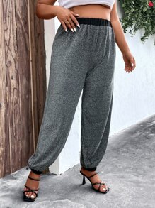 SHEIN LUNE Plus Contrast Trim Elastic Waist Trousers - Silver - View 5