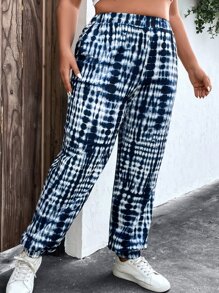 SHEIN LUNE Plus Tie Dye Elastic Waist Joggers - Blue and White - View 4