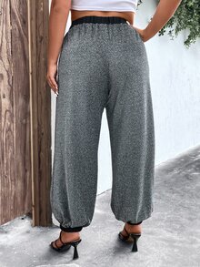 SHEIN LUNE Plus Contrast Trim Elastic Waist Trousers - Silver - View 2