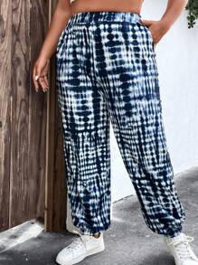 SHEIN LUNE Plus Tie Dye Elastic Waist Joggers - Blue and White - View 8